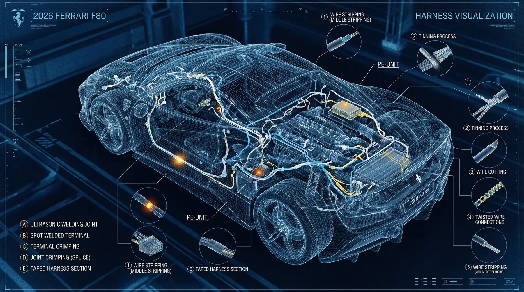 Technical visualization of a complete vehicle wiring harness — stripping, tinning, cutting, twisting, welding and crimping call-outs